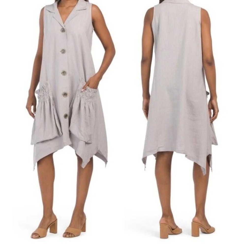 For‎ Cynthia Linen Blend Shark Bite Hem Shirt Dress Ruched Pockets Gray Medium